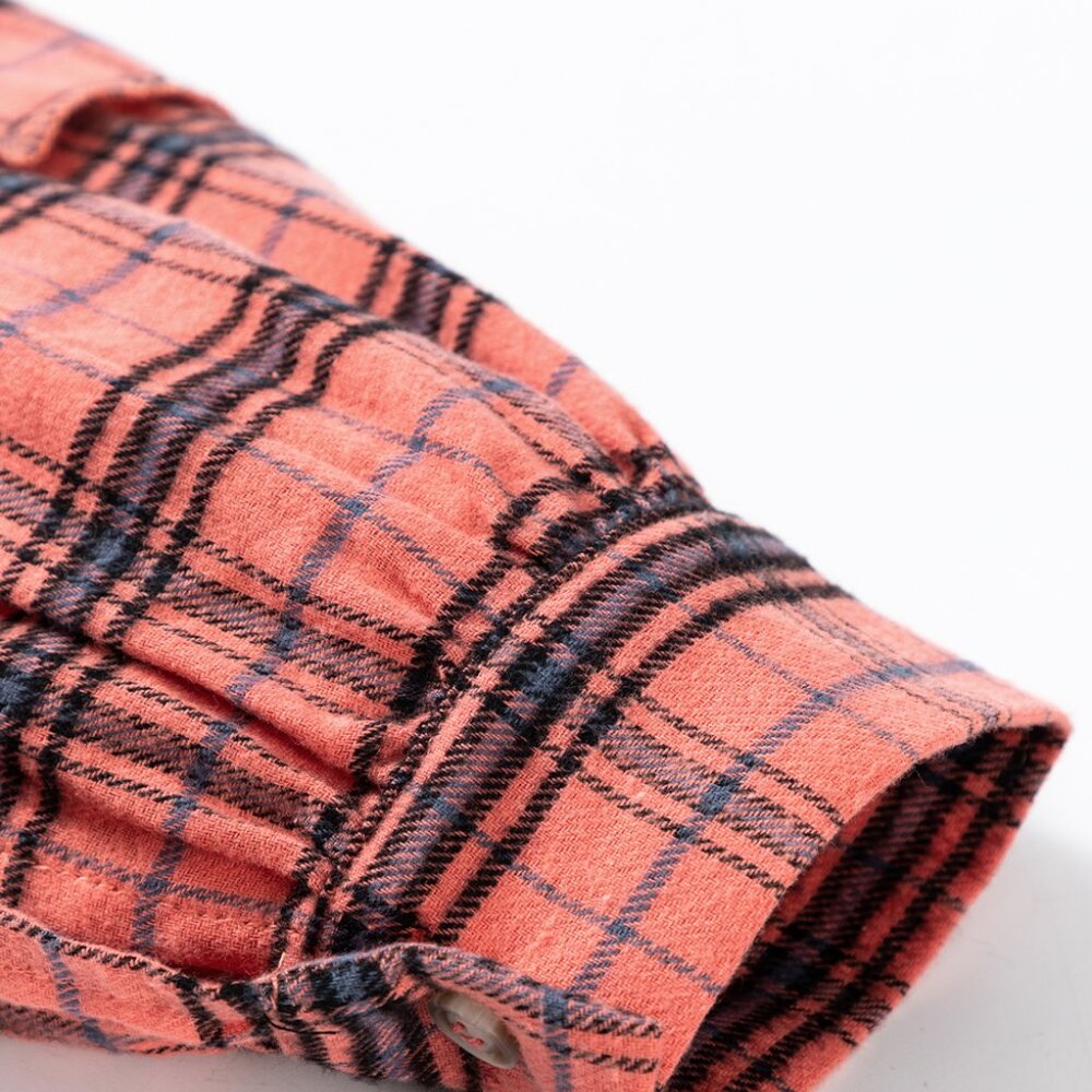 B308 Red Plaid Long Sleeve Side Split Distressed Hem Button Up Shirt - Picture 7 of 9